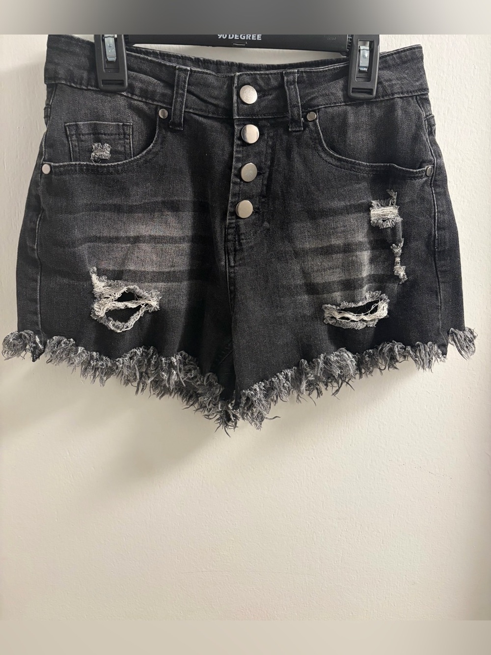 Black Distressed Denim Shorts Women’s S High Rise Button Fly Frayed Y2K